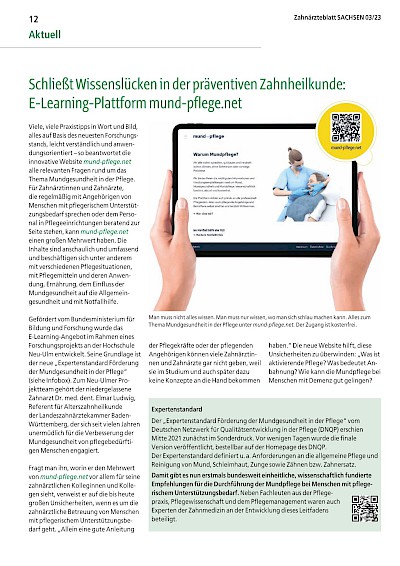 Presse Veröffentlichungen Schließt Wissenslücken in der präventiven Zahnheilkunde: E-Learning-Plattform mund-pflege.net, in: Zahnärzteblatt SACHSEN 2023, 3, S. 12-13