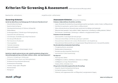 Einschätzung: Assessment DNQP-Expertenstandard Mundgesundheit: Formular Screening & Assessment Formular