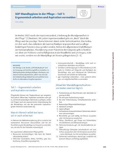 Presse SOP Mundhygiene in der Pflege - Teil 1: Ergonomisch arbeiten und Aspiration vermeiden, in: Zahnmedizin up2date 2022, Thieme, S. 465-468