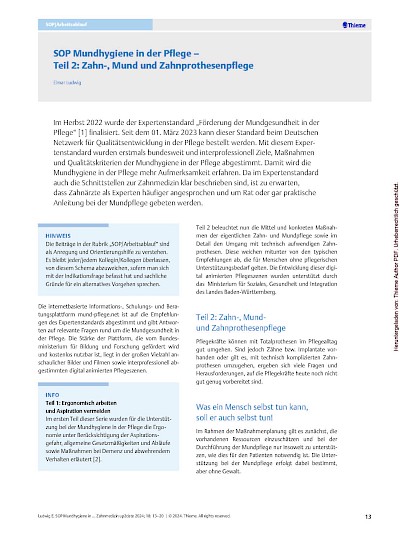 Öffentlichkeitsarbeit SOP Mundhygiene in der Pflege - Teil 2: Zahn-, Mund und Zahnprothesenpflege, in: Zahnmedizin up2date 2024, Thieme, S. 13-20