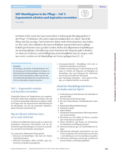 Öffentlichkeitsarbeit SOP Mundhygiene in der Pflege - Teil 1: Ergonomisch arbeiten und Aspiration vermeiden, in: Zahnmedizin up2date 2022, Thieme, S. 465-468