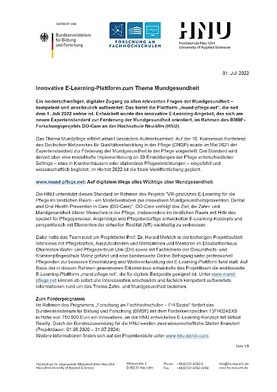 Presse Pressemitteilung "Innovative E-Learning-Plattform zum Thema Mundgesundheit"